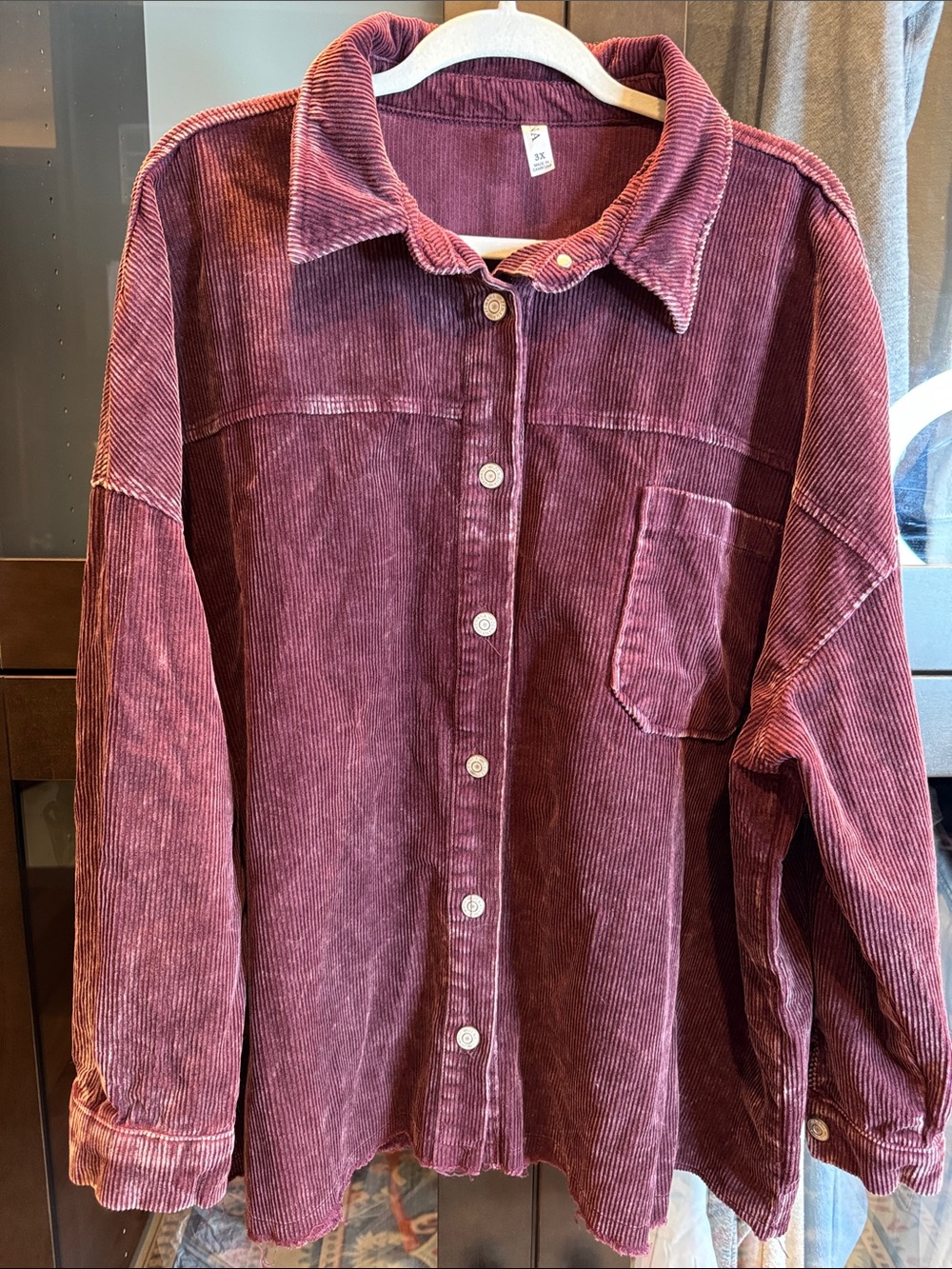 ZENANA Corduroy Button-Up Shacket in a Wine/Burgundy Color - Picture 3 of 12